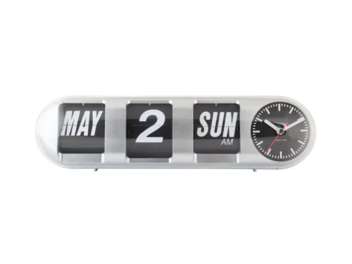 Wandklok Trabzon Zilver met retro datumflip en analoge wijzerplaat, stijlvol zilverkleurig ontwerp