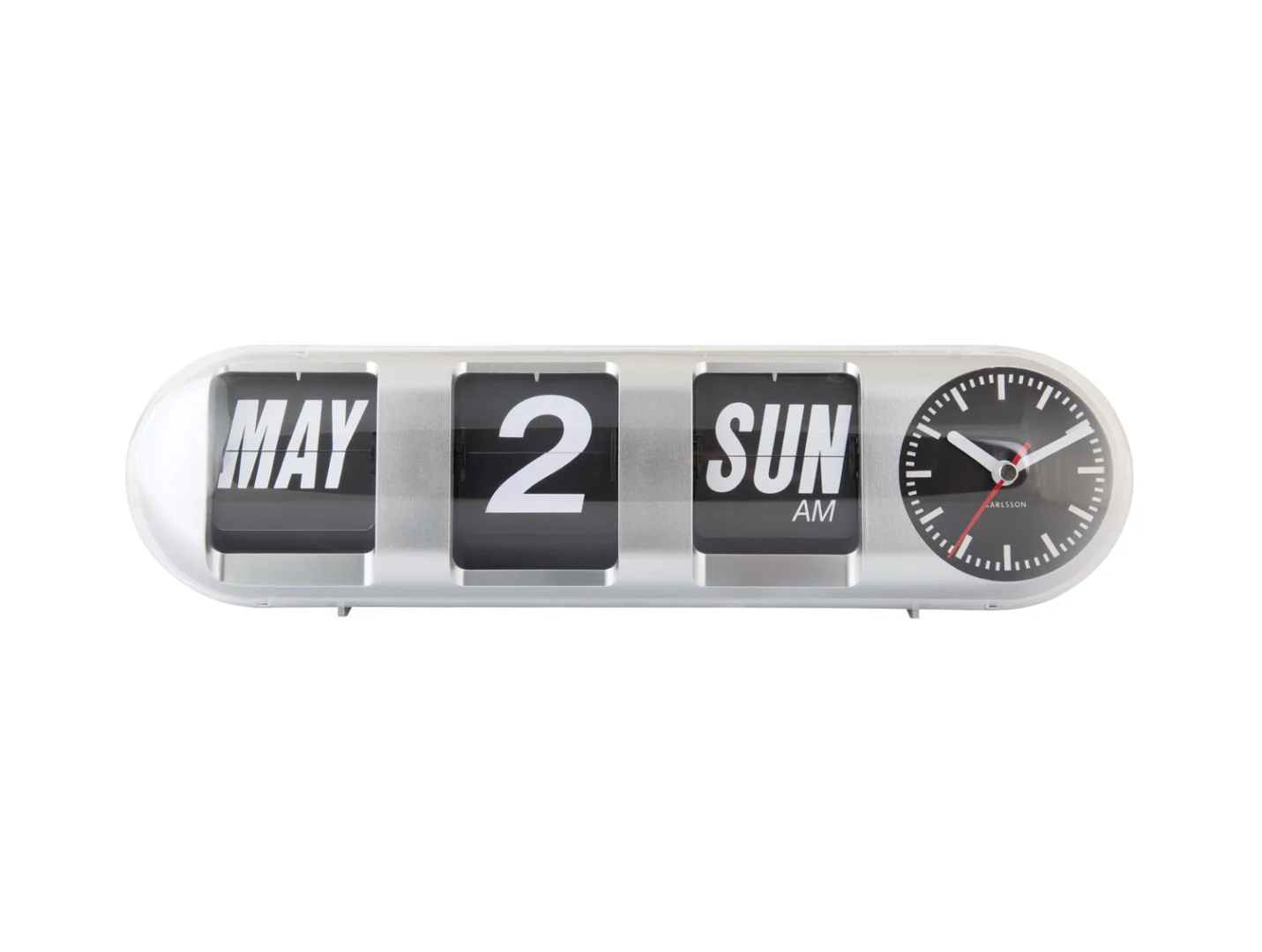 Wandklok Trabzon Zilver met retro datumflip en analoge wijzerplaat, stijlvol zilverkleurig ontwerp