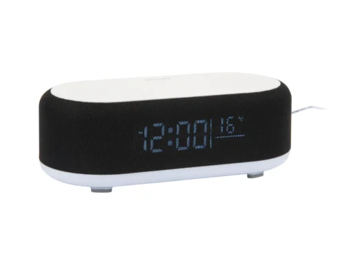 Wekker Skamond Zwart met ovaal design, zwart stoffen front en blauw digitaal display