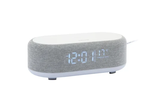 Wekker Veidor Grijs van Karlsson, ovale grijze wekker met stoffe display en blauw ledscherm