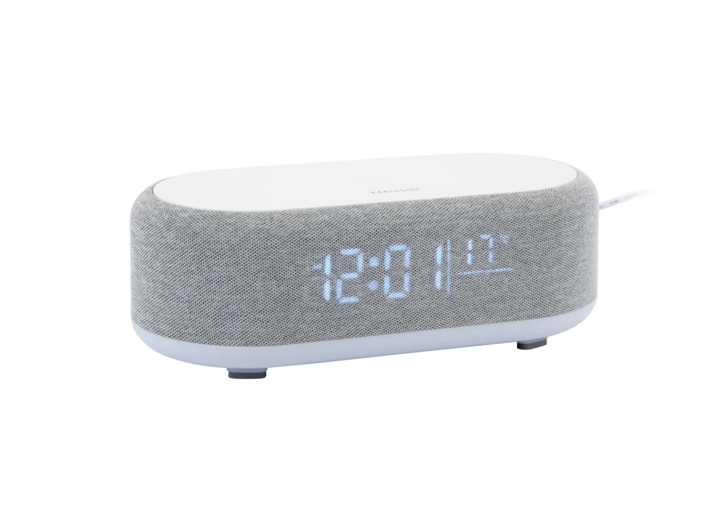 Wekker Veidor Grijs van Karlsson, ovale grijze wekker met stoffe display en blauw ledscherm