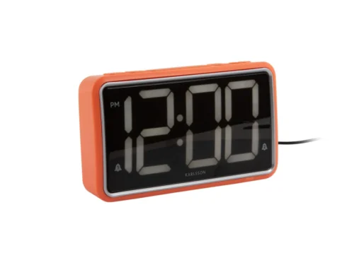 Wekker Norek in helder oranje met groot digitaal display en retro design