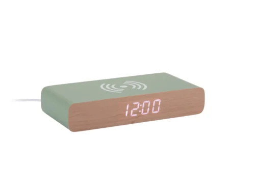 Wekker Javy Groen met houtlook, groen design en LED-tijdsaanduiding