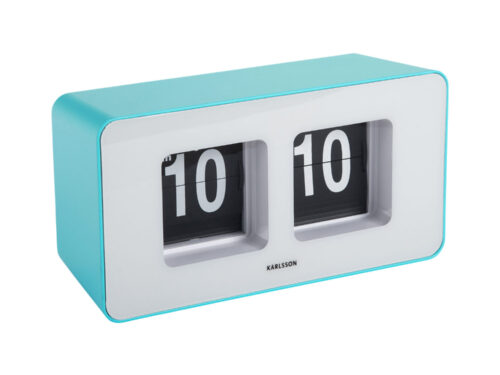 Tafelklok Huldino Turquoise met flip-mechanisme en compact rechthoekig design in turquoise en wit