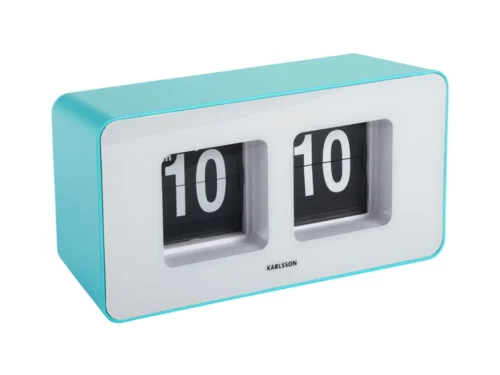 Tafelklok Huldino Turquoise met flip-mechanisme en compact rechthoekig design in turquoise en wit