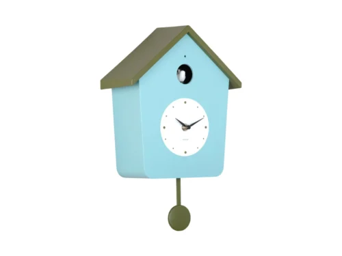 Wandklok Kemura Groen van Karlsson, vogelhuisje-design met witte wijzerplaat en groene slinger
