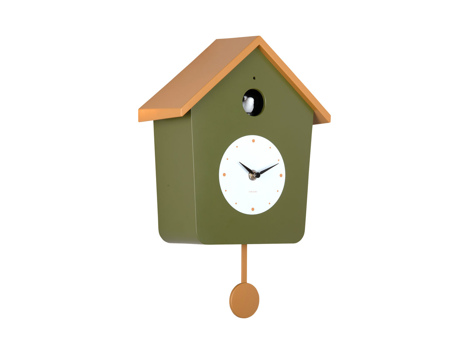 Wandklok Leiros Geel in vogelhuisvorm, met groene kast, oranje dak en pendule