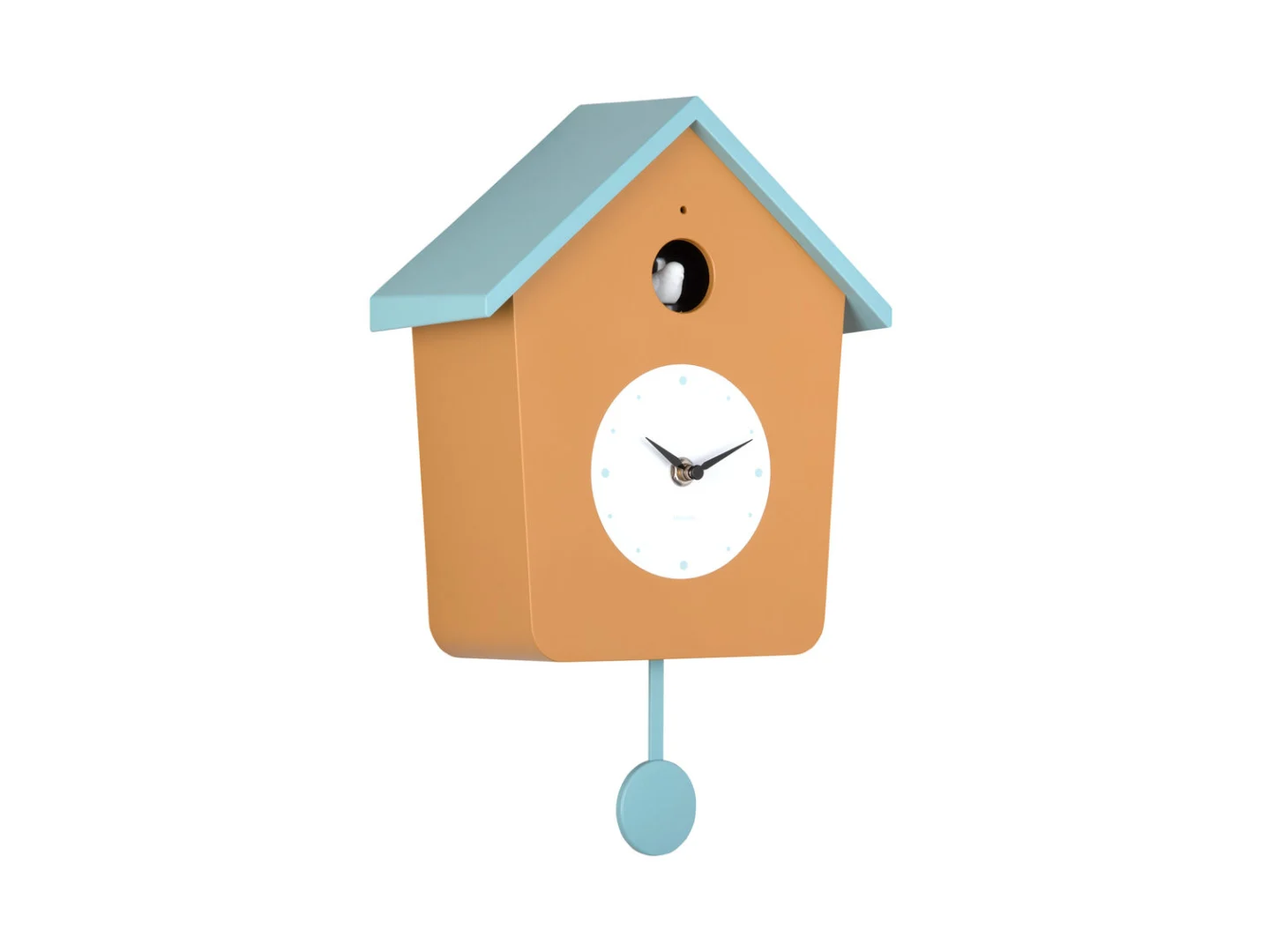 Wandklok Dardesta Lichtoker in vogelhuisdesign met lichtblauw dak, witte wijzerplaat en slinger