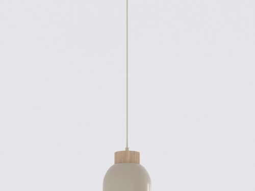 Hanglamp Skoven Beige met beige kap, houten detail en lange kabel in Scandinavische stijl