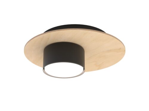 Plafondlamp Rusena zwart met ronde houten plaat en cilindervormige kap in Scandinavische stijl