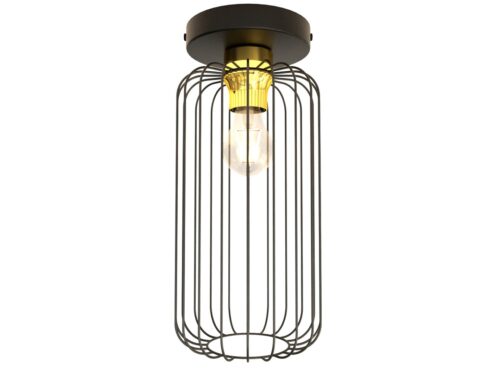 Plafondlamp Greilek zwart Ø16 cm met gouden accenten en open metalen kooi, industriële stijl