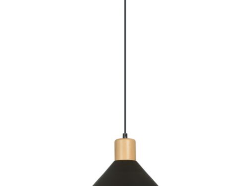 Hanglamp Bologna zwart met houten accent, open kap en slank snoer voor een Scandinavische uitstraling