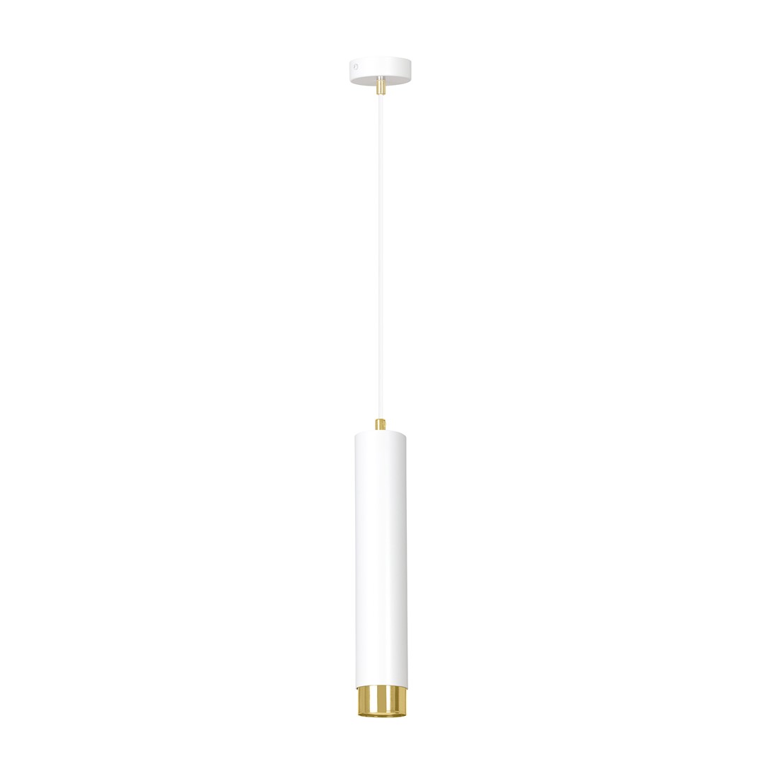Hanglamp Seeldo Wit met slank cilindervormig design, gepoedercoat staal en goudaccenten, verstelbare hoogte