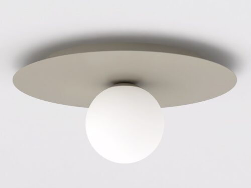 Plafondlamp Maren beige Ø14 cm met vlakke stalen plaat en glazen bol, modern en compact design