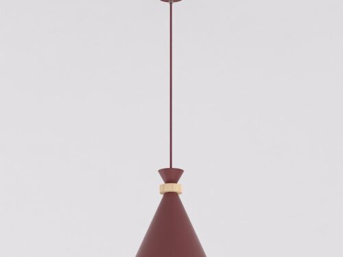 Hanglamp Baarne Bordeaux met minimalistische koepel, bordeaux staal en houten accent in Scandinavische stijl