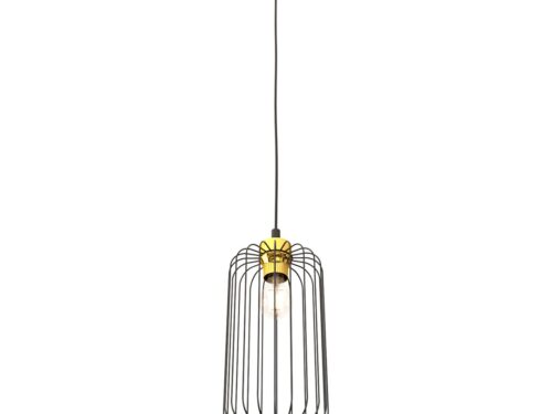 Hanglamp Veere Zwart Ø16 cm met zwart stalen kooi, gouden fitting en verstelbare kabel