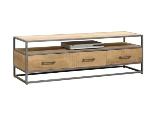TV-meubel Graallio naturel mangohout 150 cm met 3 lades en open vak, strak metalen frame