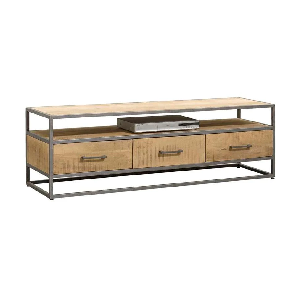 TV-meubel Graallio naturel mangohout 150 cm met 3 lades en open vak, strak metalen frame