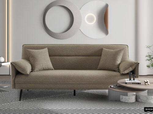 Slaapbank Sievona beige met kussens en slanke poten in een modern interieur