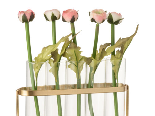 Vaas Jubak goud metaal en 5 glazen buizen, gevuld met roze kunstbloemen