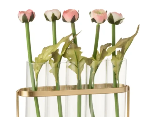 Vaas Jubak goud metaal en 5 glazen buizen, gevuld met roze kunstbloemen