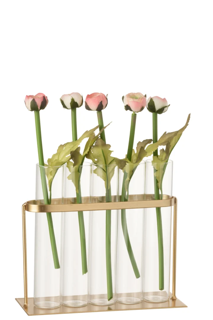 Vaas Jubak goud metaal en 5 glazen buizen, gevuld met roze kunstbloemen
