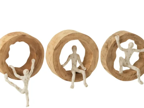 Beeld Slarin set van 3 klimmende figuren in naturel mangohout en aluminium, stijlvol wanddecoratieaccent