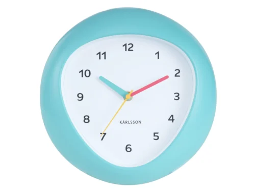 Wandklok Zovek Turquoise van Karlsson met ronde wijzerplaat, turquoise behuizing en kleurrijke wijzers