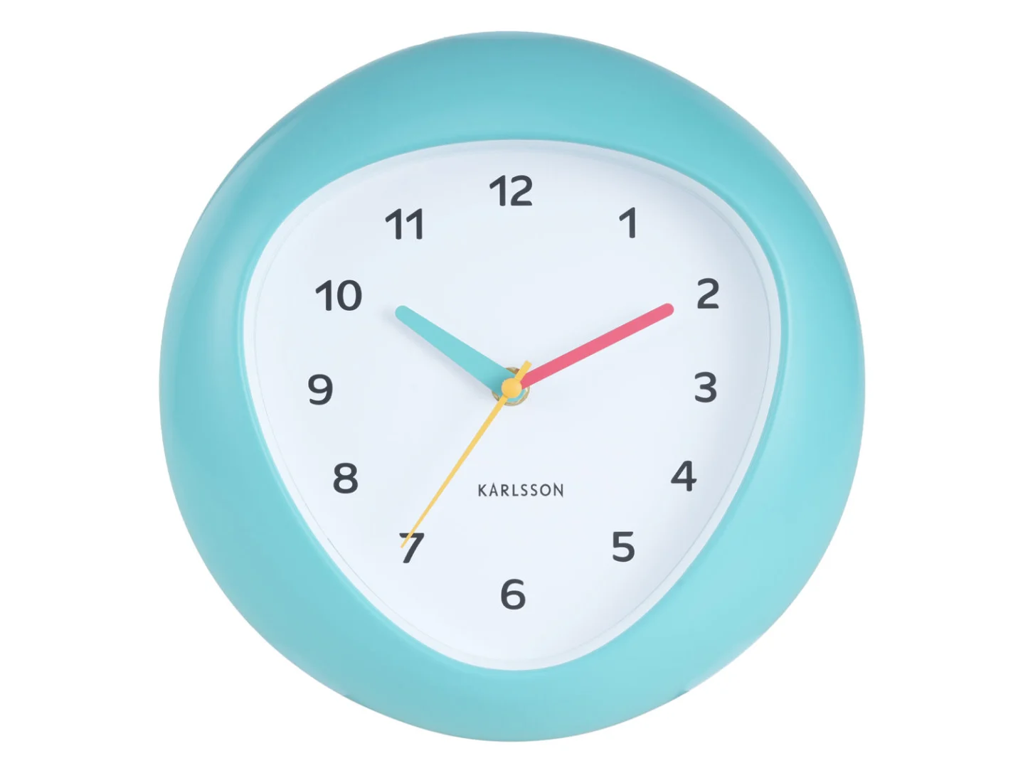 Wandklok Zovek Turquoise van Karlsson met ronde wijzerplaat, turquoise behuizing en kleurrijke wijzers