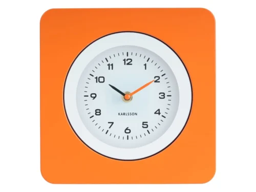 Rirnon wandklok helder oranje met afgeronde hoeken, retro wijzerplaat en moderne vintage uitstraling