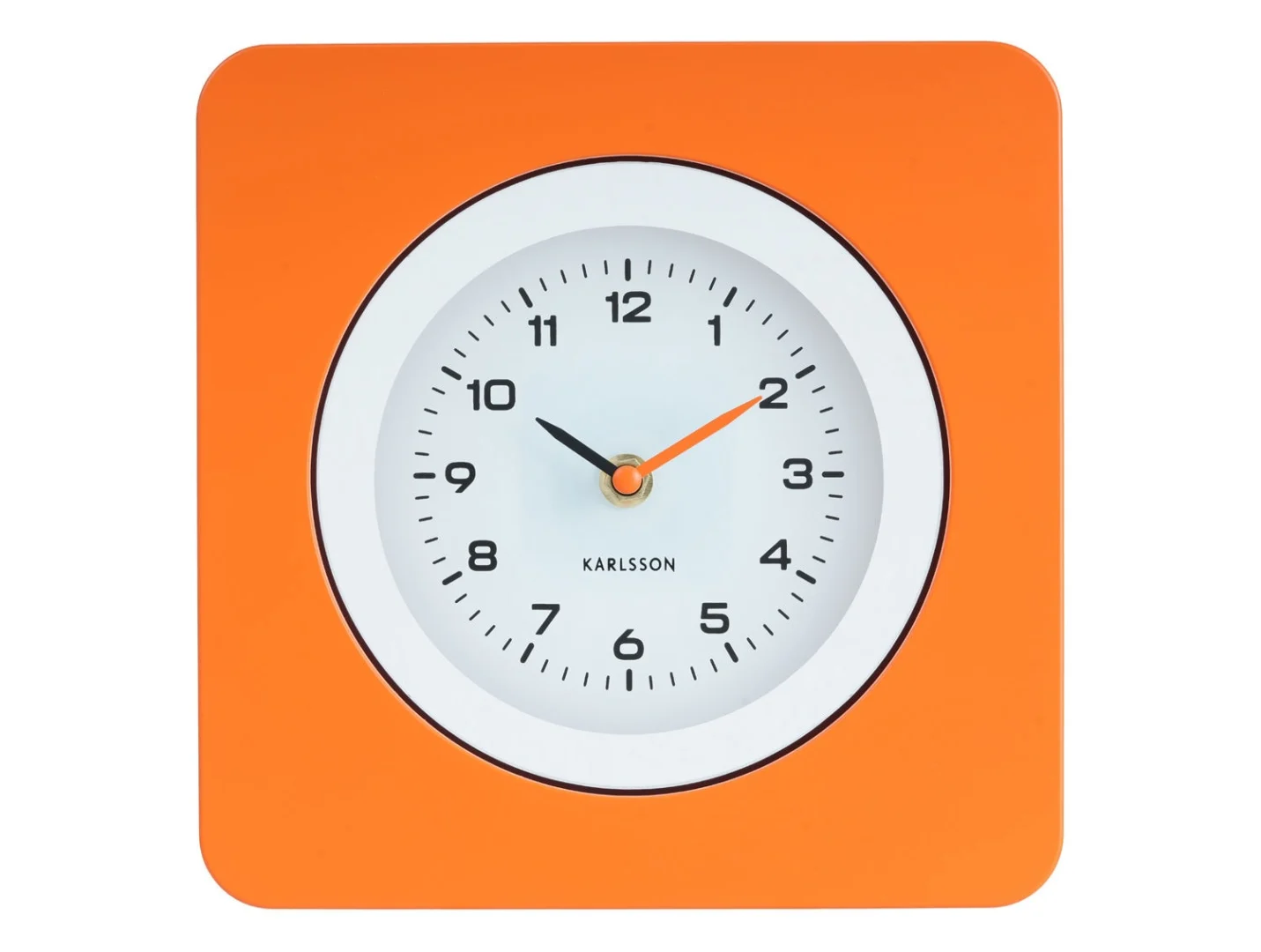 Rirnon wandklok helder oranje met afgeronde hoeken, retro wijzerplaat en moderne vintage uitstraling