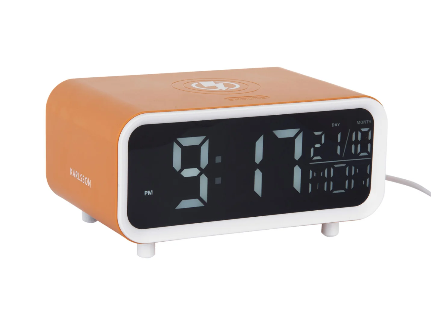 Wekker Eenrum Geel, chunky LED wekker met helder display, oranje behuizing en draadloze oplader bovenop
