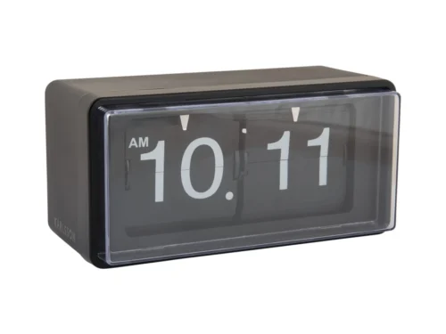 Zwarte Tafelklok Bindo met retro flip-mechanisme en grote witte cijfers, compact vintage design