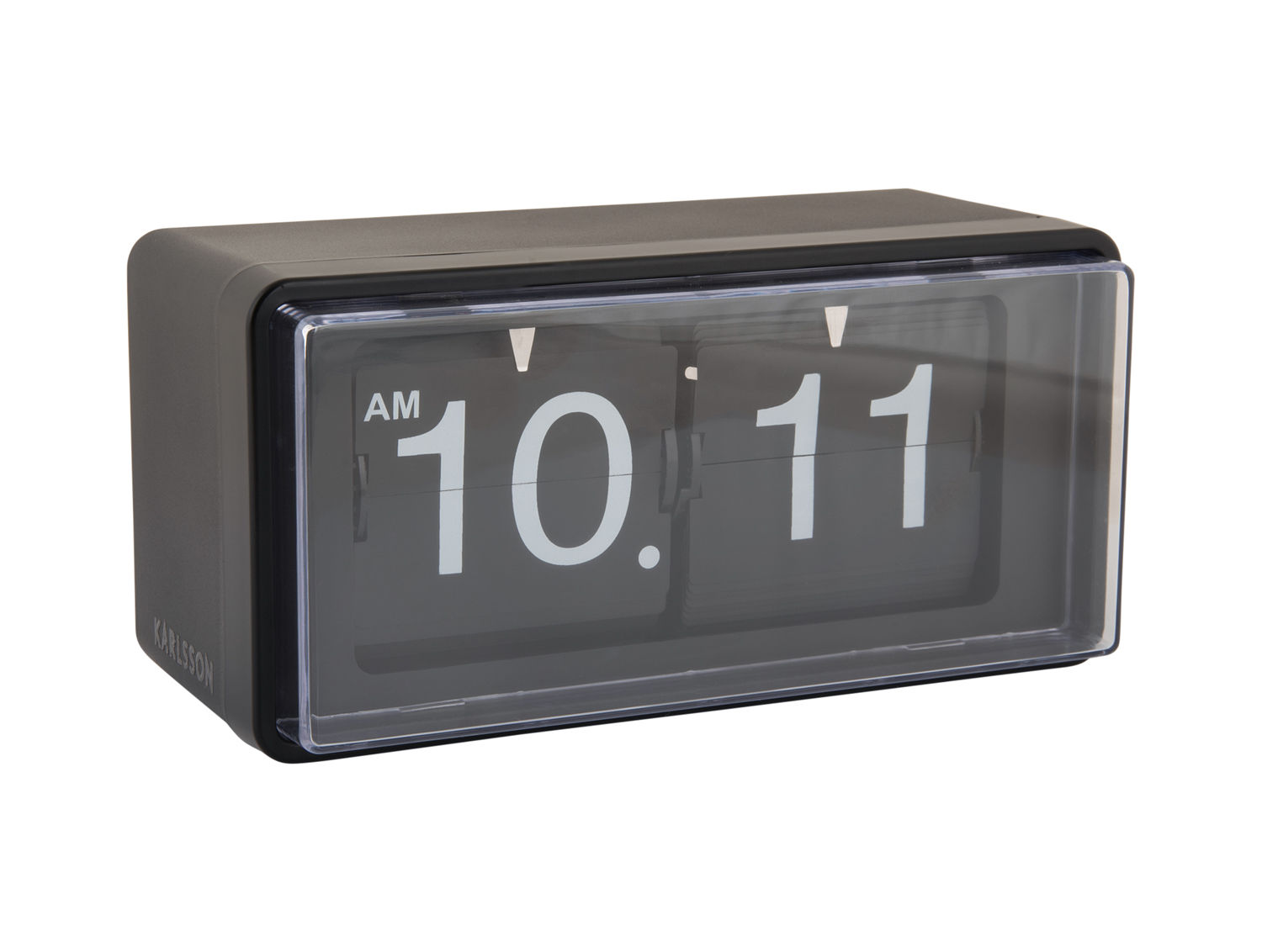 Zwarte Tafelklok Bindo met retro flip-mechanisme en grote witte cijfers, compact vintage design