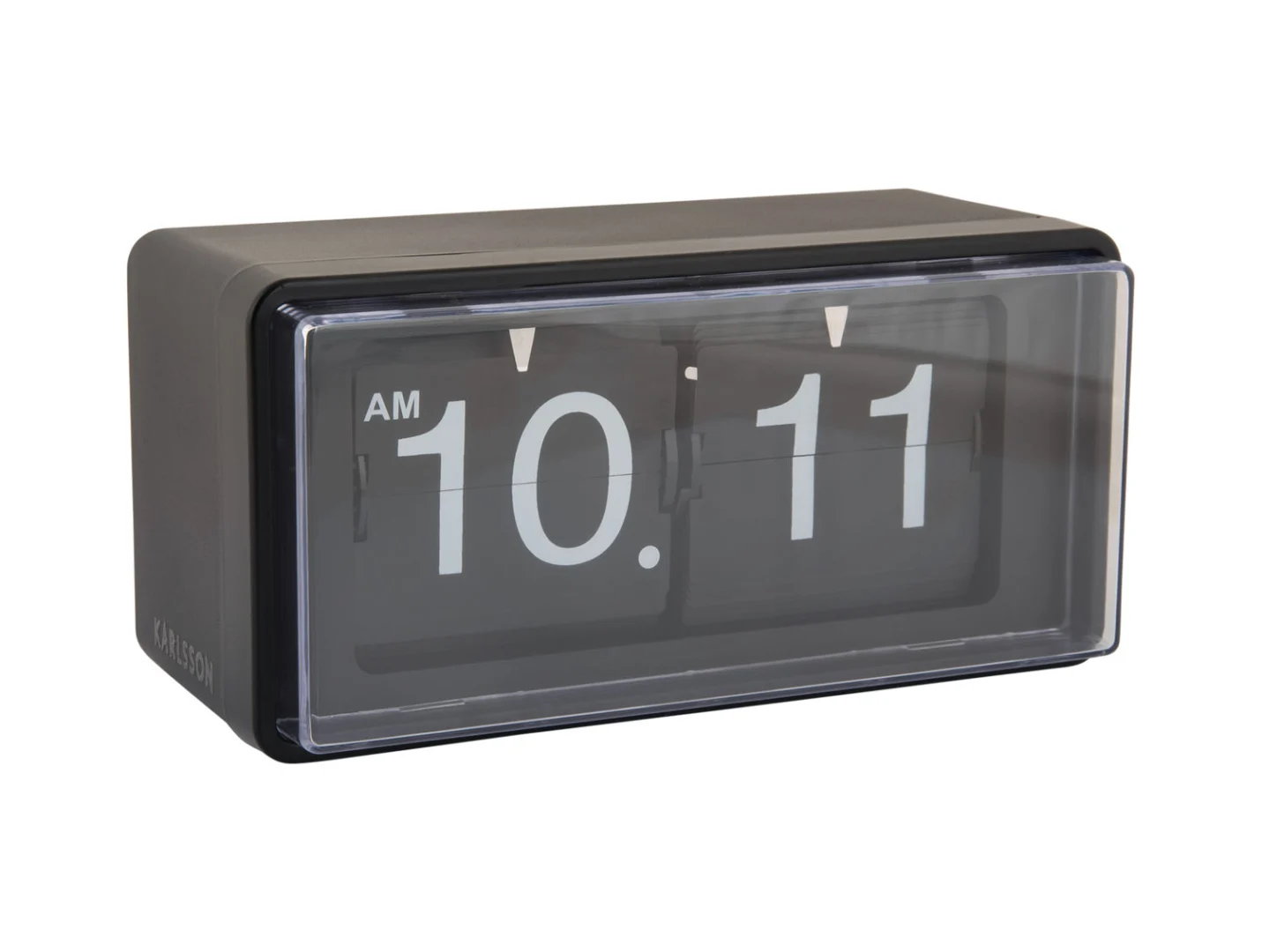 Zwarte Tafelklok Bindo met retro flip-mechanisme en grote witte cijfers, compact vintage design
