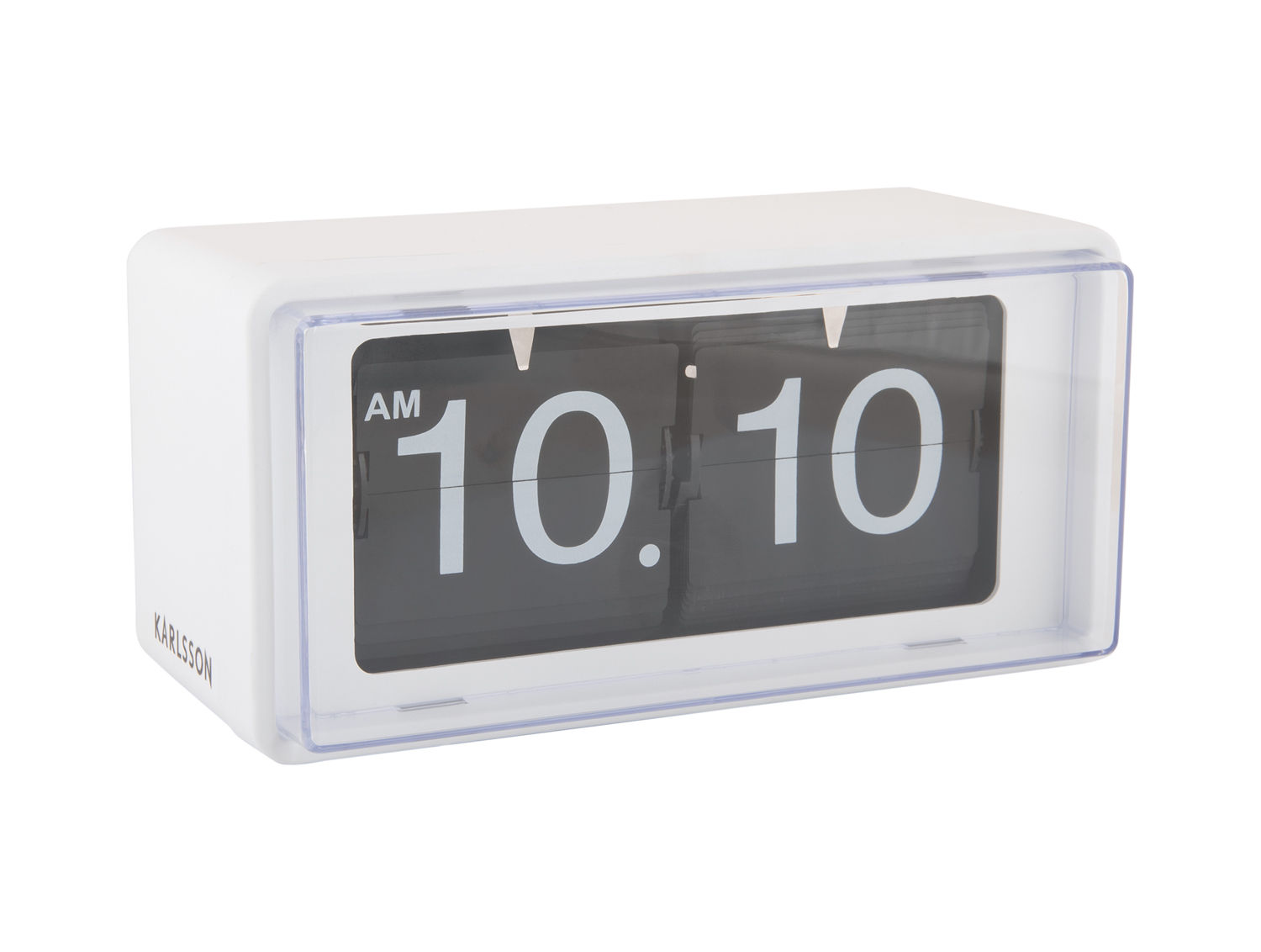 Karlsson Westport Wit tafelklok met retro flip-display en compact wit ontwerp in zwart-wit display