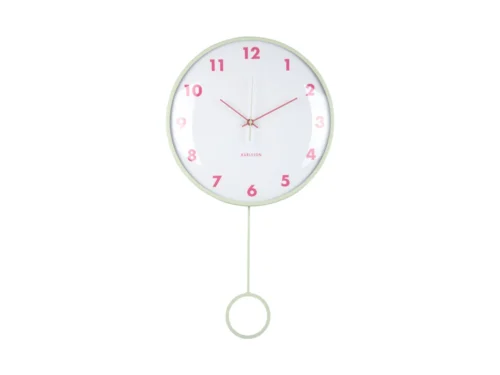 Wandklok Lidang zacht groen van Karlsson met pendulum, dome lens en roze cijfers