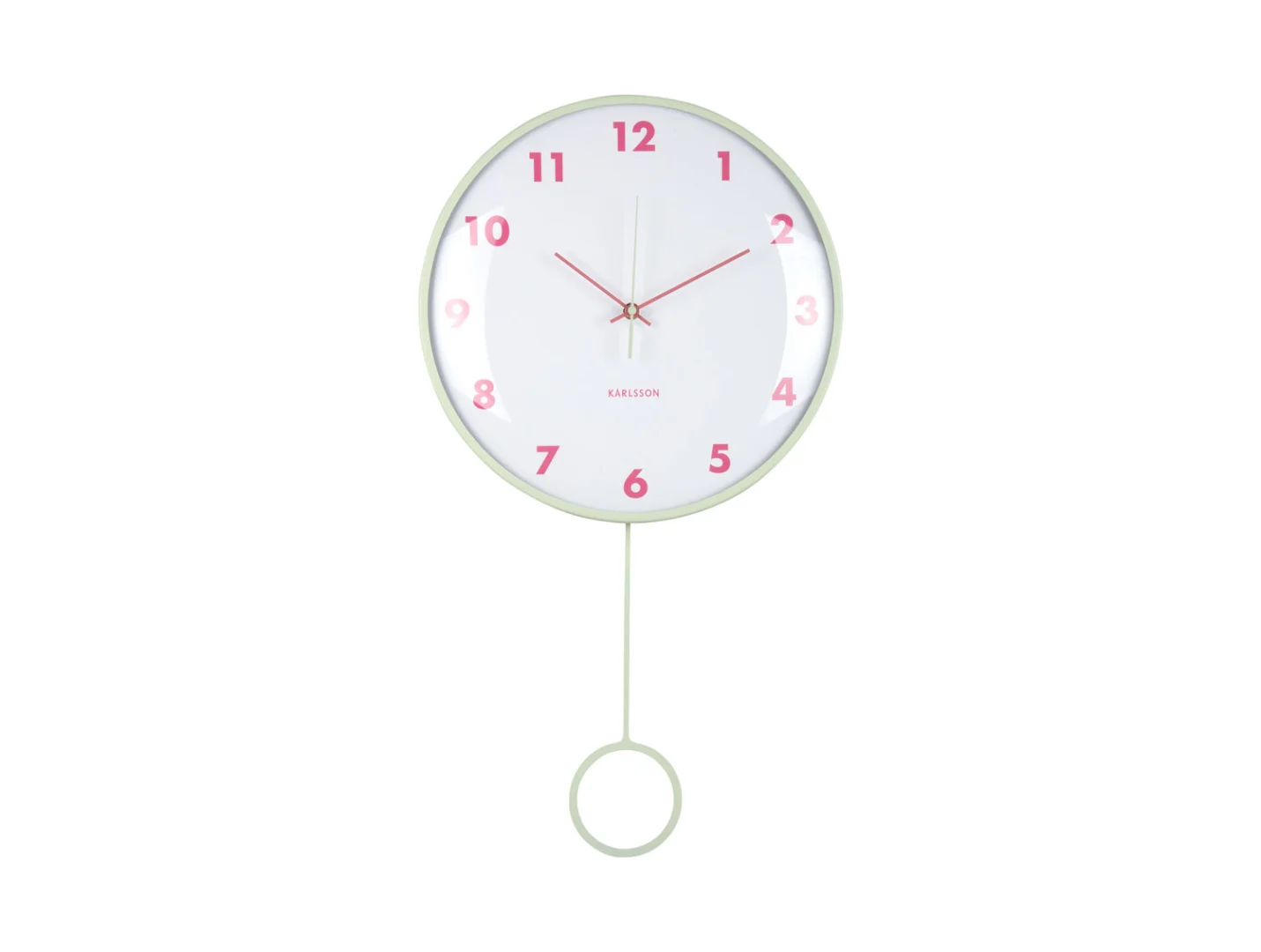 Wandklok Lidang zacht groen van Karlsson met pendulum, dome lens en roze cijfers