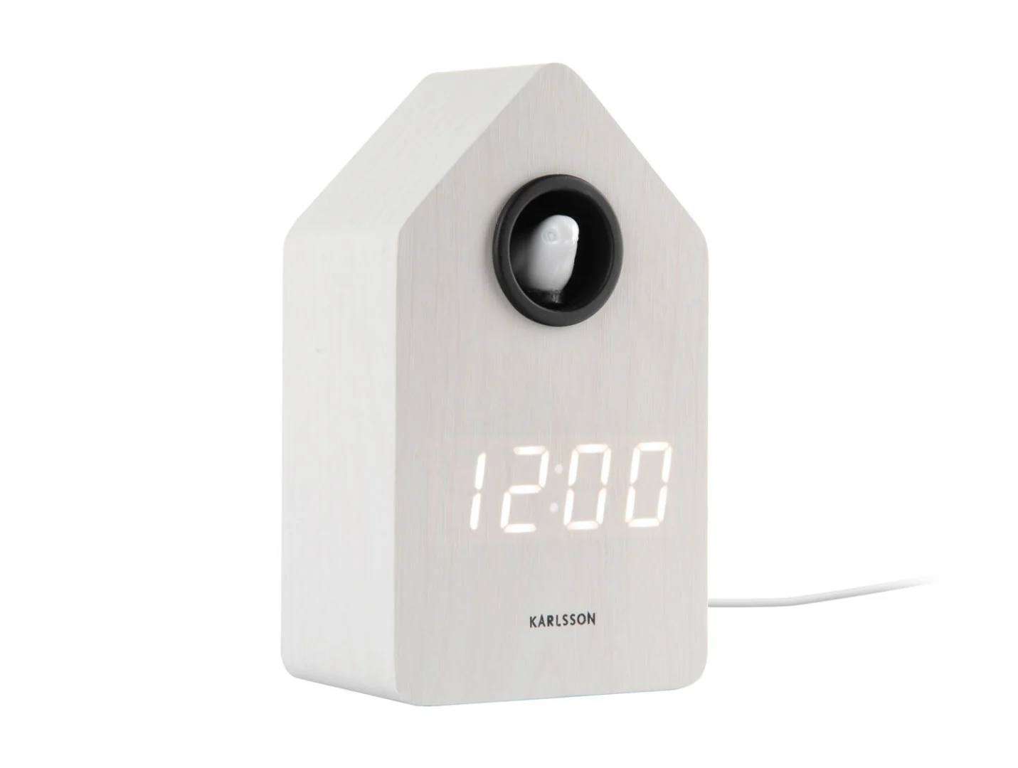 Wekker Skessal Wit van Karlsson met LED-display, vogelvenster en warme houtlookfinish