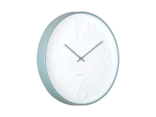 Wandklok Trornena lichtblauw met minimalistisch design en subtiele ingedrukte cijfers, 40 cm ronde klok