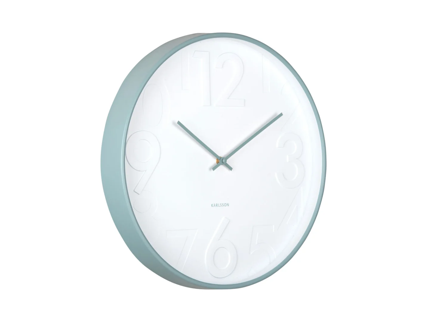 Wandklok Trornena lichtblauw met minimalistisch design en subtiele ingedrukte cijfers, 40 cm ronde klok