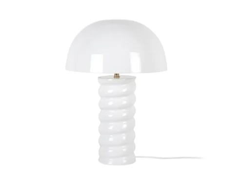 Tafellamp Sallin Wit Ø30 cm met gekrulde glanzende voet en witte kap, stijlvol en decoratief
