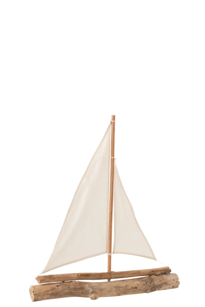 Modelschip Bimmak Hout Naturel met naturel zeil en drijfhout, slank en rustiek woonaccessoire