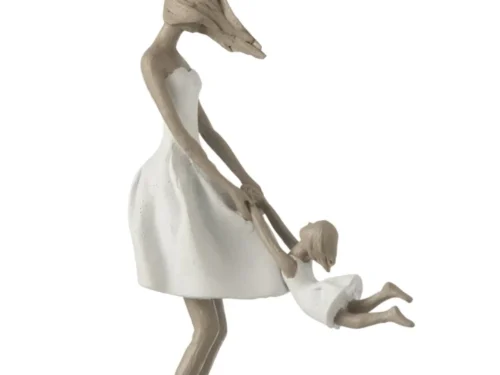 Beeld Vauntir Steen Wit H31,5 cm: slank decoratiebeeld van vrouw met kind in wit en taupe polyresin en steen
