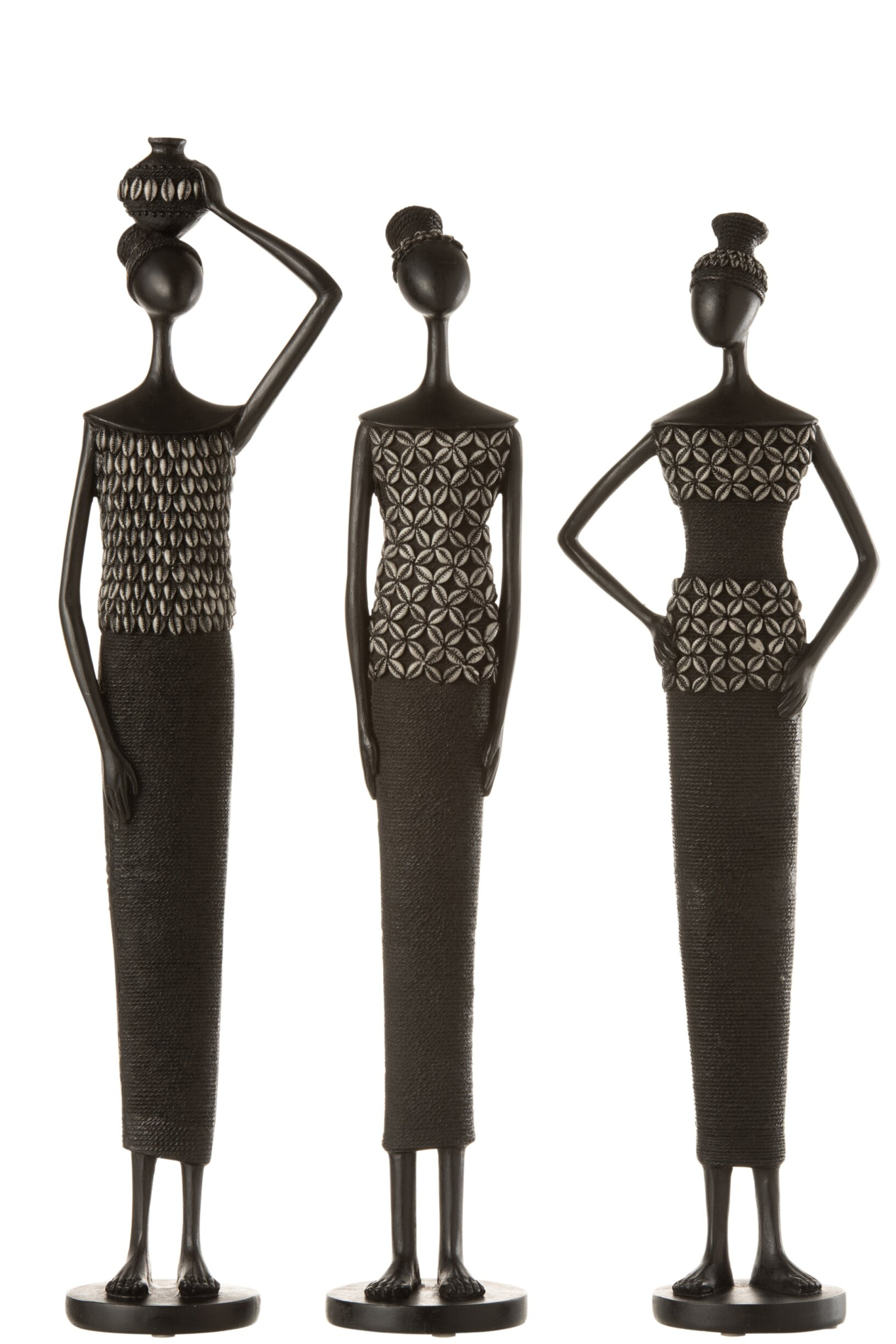 Syros polyresin beeldenset zwart, 3 Afrikaanse figuren met slank design, 59 cm hoog