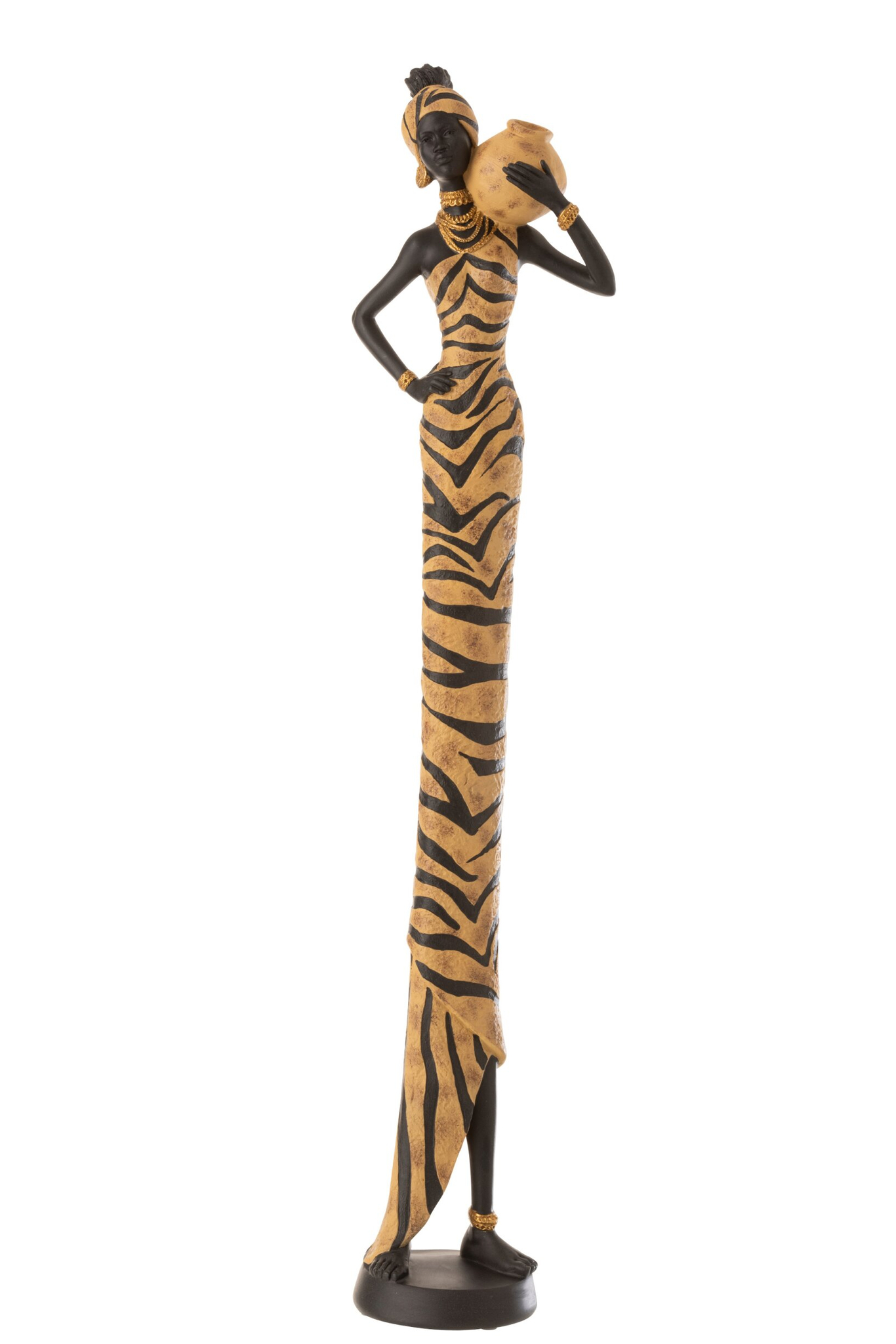 Teivy decoratiefiguur zwart polyresin, 82 cm hoog, slanke sculptuur met zebra print en sierlijke vaas
