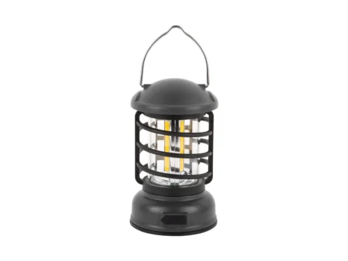 Tafellamp Treendane zwart Ø9 cm, compacte LED campinglantaarn met draagbeugel en speelse uitstraling