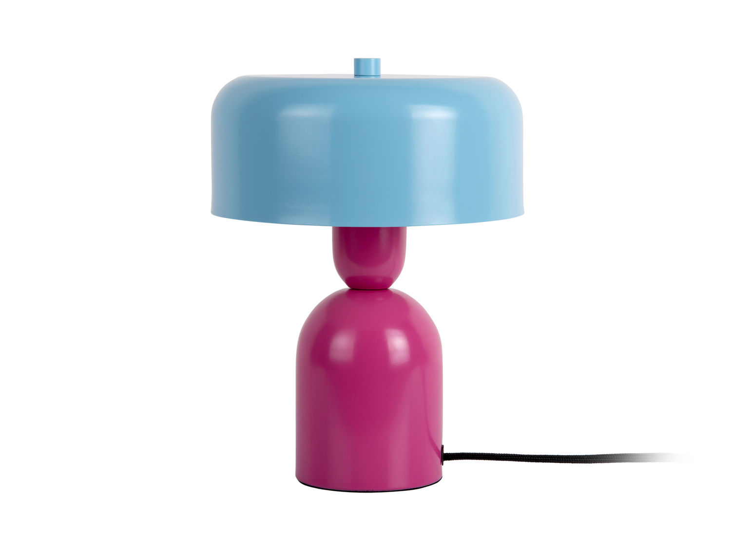 Tafellamp Brukano helder roze met lichtblauwe kap, compact Ø19 cm, opvallend design