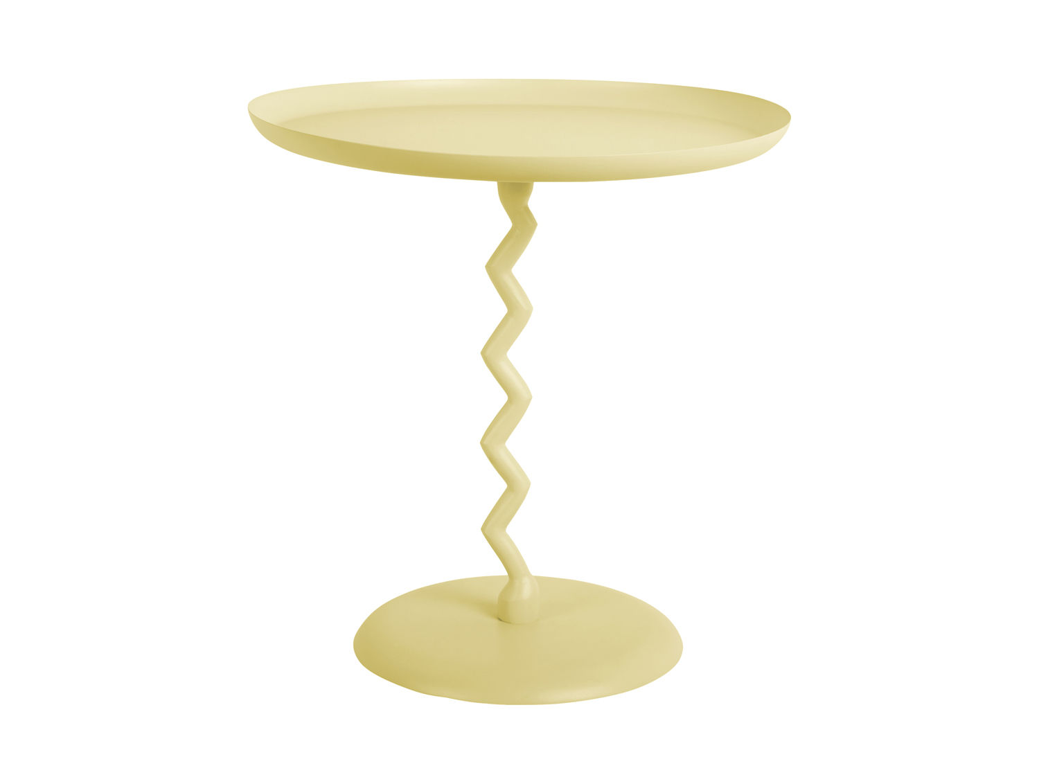 Bijzettafel Skuvane zacht geel met speelse zigzagpoot en ronde bladen, modern en decoratief, 40 cm breed