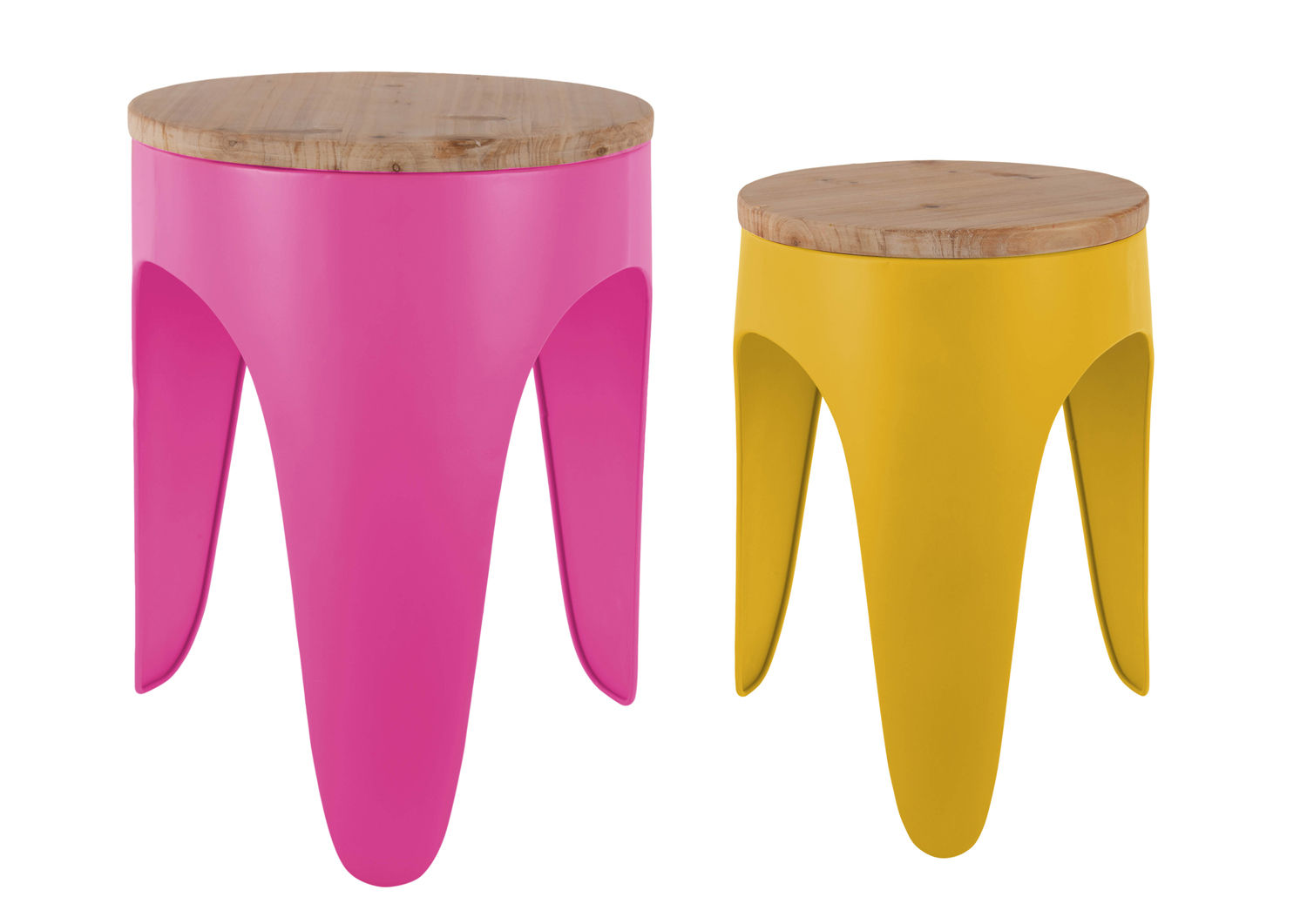 Set van 2 Kruk Kliltel Helder Roze en geel met houten blad, retro design en speelse look